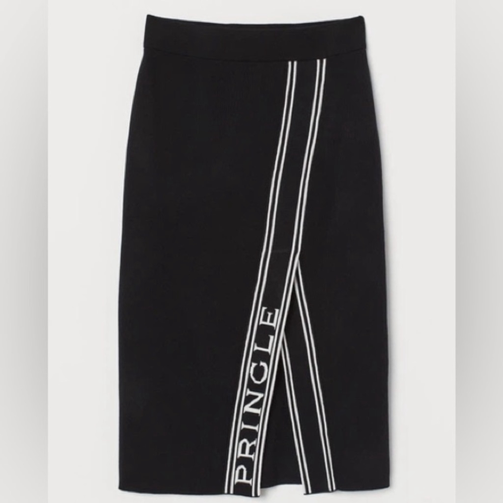 H&M x Pringle of Scotland black ribbed-knit midi skirt with a side slit L BNWT